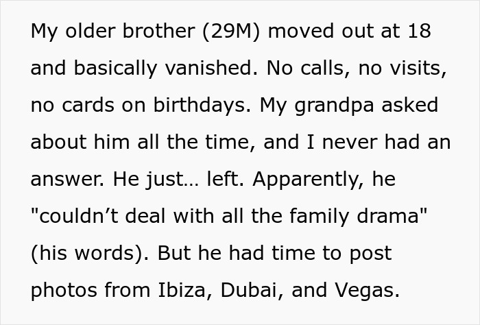 Text excerpt about 21-year-old caring for grandpa while older brother vanished and demands his share, causing family tension. - 3