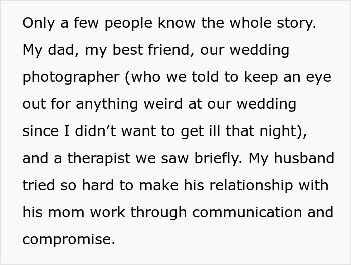 Text excerpt about woman convinced her MIL was poisoning her, sharing personal story and relationship struggles during wedding. Text excerpt about woman convinced her MIL was poisoning her, sharing personal story and relationship struggles during wedding.