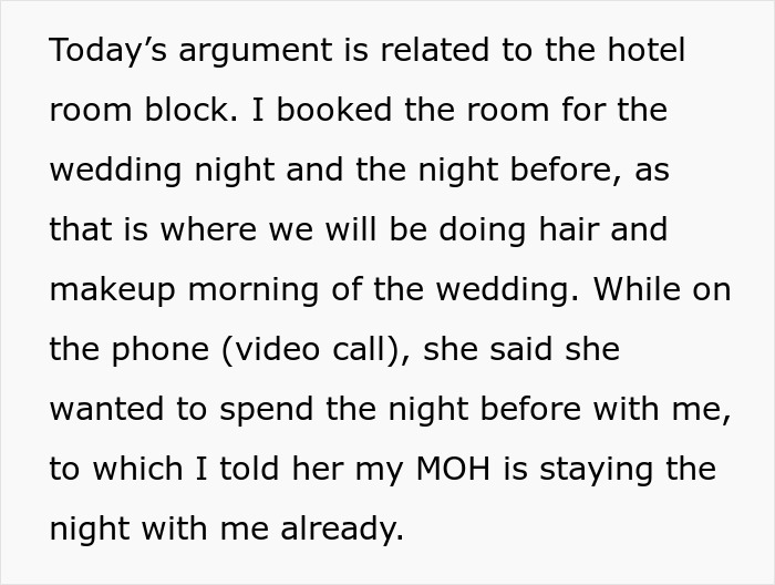 Text about wedding night hotel room block argument, bride’s mom insisting on staying next door to honeymoon suite. Text about wedding night hotel room block argument, bride’s mom insisting on staying next door to honeymoon suite.