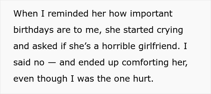 Text showing a man expecting special treatment from his girlfriend on his birthday but facing doubts about their relationship.