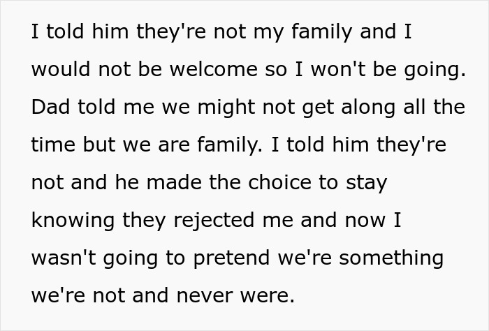 Text about a 20-year-old refusing to attend family dinner due to years of rejection by stepsiblings and family tension.