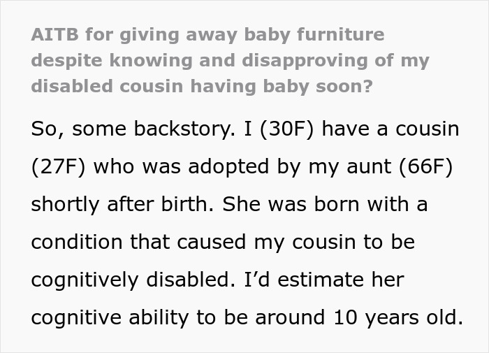Text post discussing a family feud over a disabled daughter encouraged to get pregnant by her mother wanting to be a grandma.