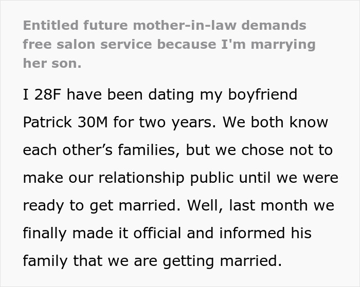 Future mother-in-law demanding free salon service before marriage due to upcoming wedding plans with her son. Future mother-in-law demanding free salon service before marriage due to upcoming wedding plans with her son.