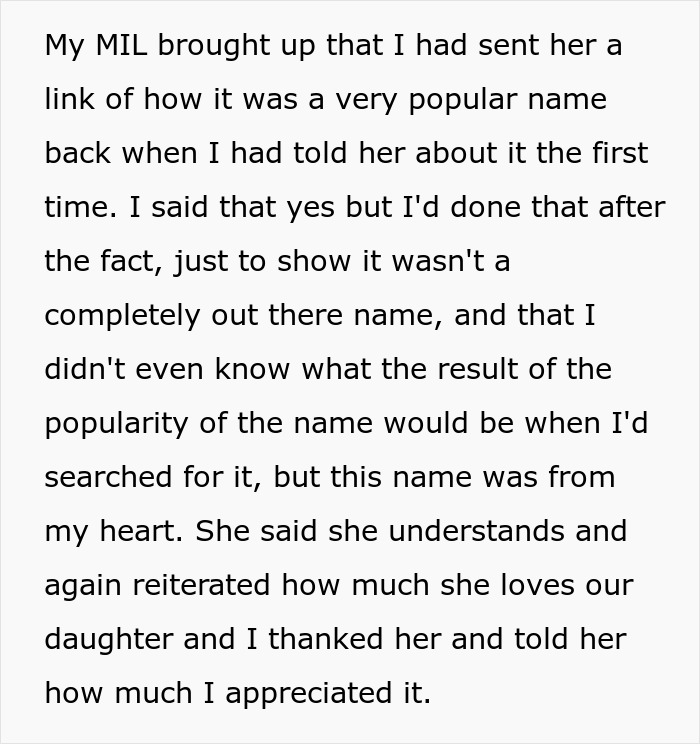 Text excerpt showing woman corrects mother-in-law who claimed she came up with baby&rsquo;s name in a heartfelt conversation.