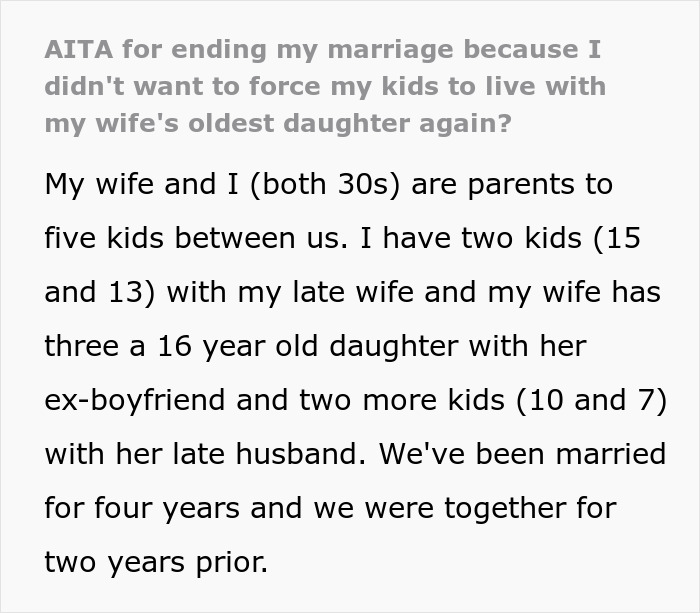 Text excerpt from a post about a man refusing to let his wife&rsquo;s daughter live with his kids, causing marriage issues.
