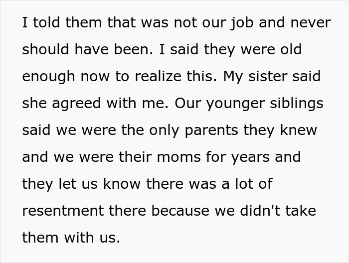 Text excerpt discussing the complex relationship between siblings, sister, and mom involving parental roles and resentment.