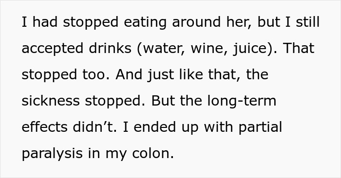 Text excerpt describing a woman convinced her MIL was poisoning her, leading to stopped contact and lasting health issues. Text excerpt describing a woman convinced her MIL was poisoning her, leading to stopped contact and lasting health issues.