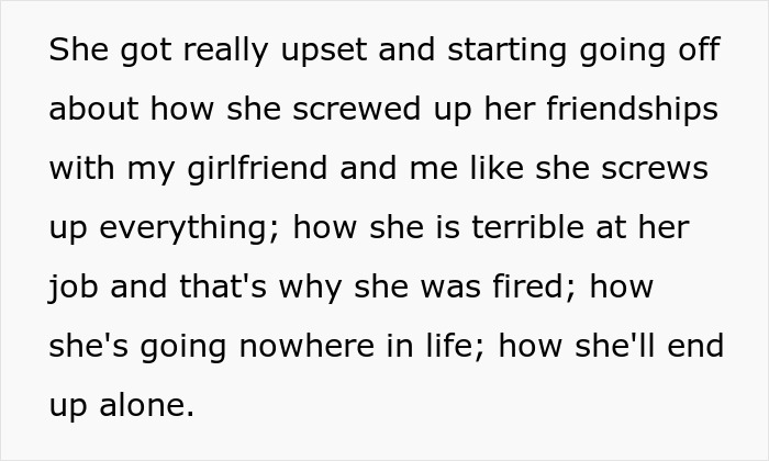 Text excerpt showing a girlfriend upset about ruined friendships and struggles after canceling dream vacation due to work.