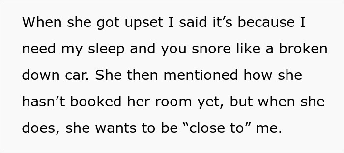Text discussing sleep disruption and the bride's mom wanting to stay close to the honeymoon suite, causing awkward tension. Text discussing sleep disruption and the bride's mom wanting to stay close to the honeymoon suite, causing awkward tension.