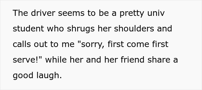 Woman stealing couple's parking spot under their nose, facing unexpected revenge instead of donuts reaction.