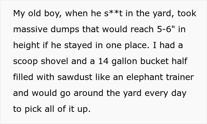 Man&rsquo;s petty revenge on entitled dog owner described with story of yard clean-up and massive dog dumps.