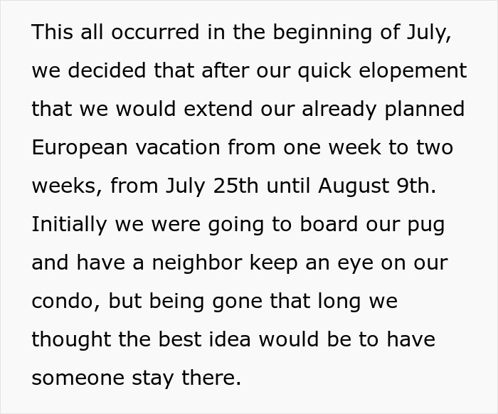 Text excerpt describing a couple&rsquo;s extended European vacation and plans to have someone stay at their condo.