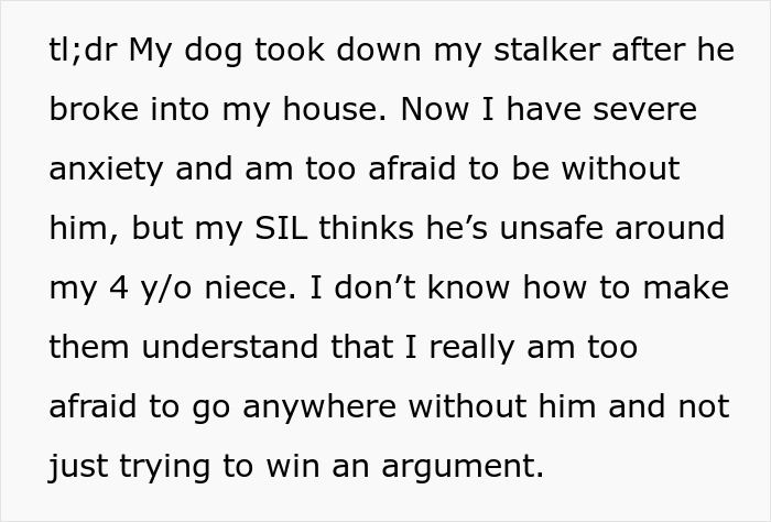Text post describing a dog protecting owner from stalker but labeled too dangerous to be near kids. Text post describing a dog protecting owner from stalker but labeled too dangerous to be near kids.