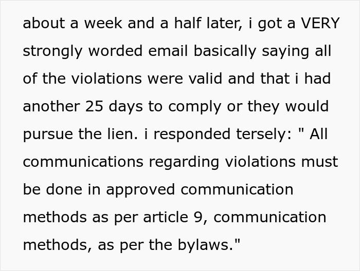 Email text showing a dispute over HOA violations and communication compliance in a heated follow-up exchange.