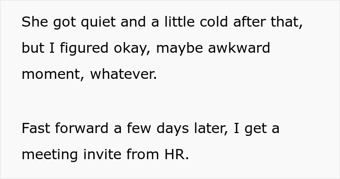Text excerpt discussing a person feeling awkward and later receiving a meeting invite from HR about a coworker issue.