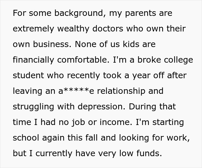 Text excerpt discussing a woman refusing to go on Christmas gift trip if siblings pay for her flight due to financial struggles.