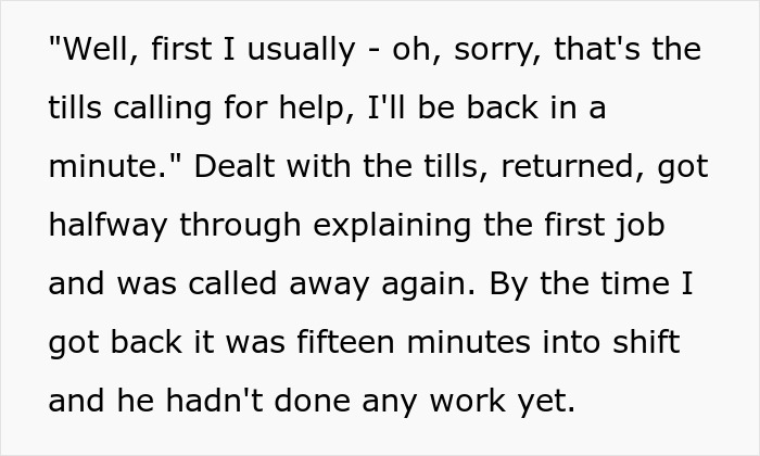 Text excerpt showing a woman explaining her work tasks after being called away, illustrating manager calls her useless at work.