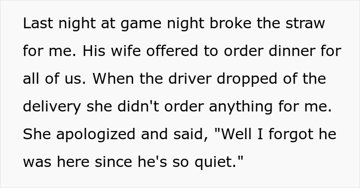 Text excerpt showing a woman telling a deaf man she forgot he was there because he&rsquo;s so quiet during a game night.