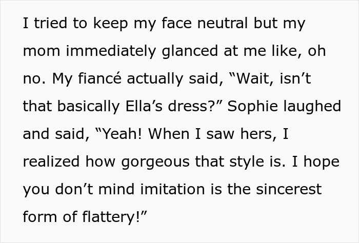 Text excerpt about woman confronting brother&rsquo;s fianc&eacute;e for copying her wedding dress, discussing imitation and style.
