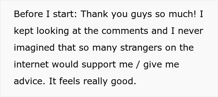 Text expressing gratitude for internet strangers' support and advice, highlighting feelings of appreciation and encouragement.