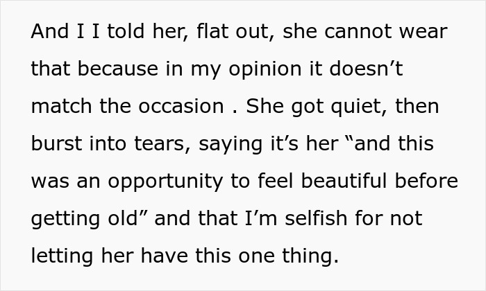 Text about bride&rsquo;s mom emotional over wearing a white gown, threatening to skip the wedding if refused.