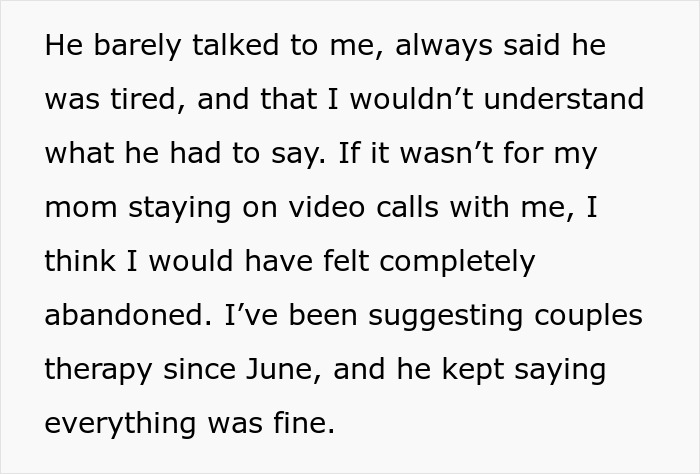 Text excerpt showing a woman feeling abandoned after her husband confesses love for his colleague causing life changes.