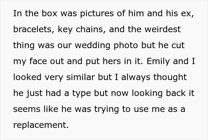 Box containing photos, bracelets, and a wedding picture altered by husband’s ex, highlighting issues with his past and divorce concerns. Box containing photos, bracelets, and a wedding picture altered by husband’s ex, highlighting issues with his past and divorce concerns.