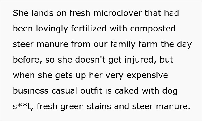 Petty revenge on entitled dog owner shown through clever actions involving fresh manure and business casual outfit stains.