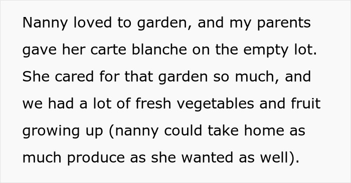 Nanny tending her garden with fresh fruit growing, catching neighbor stealing and preparing a plate of revenge.
