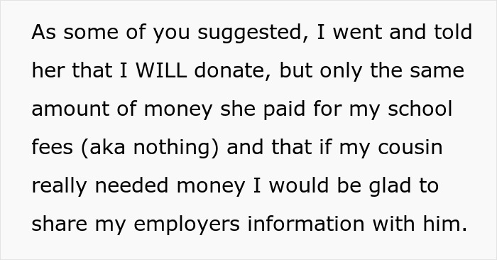 Text discussing donating same amount as aunt paid for school fees and sharing employer info for cousin's education funding.
