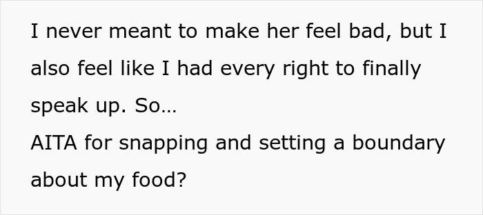 Text from a post where a woman reaches a boiling point after her coworker keeps helping herself to her food at work.