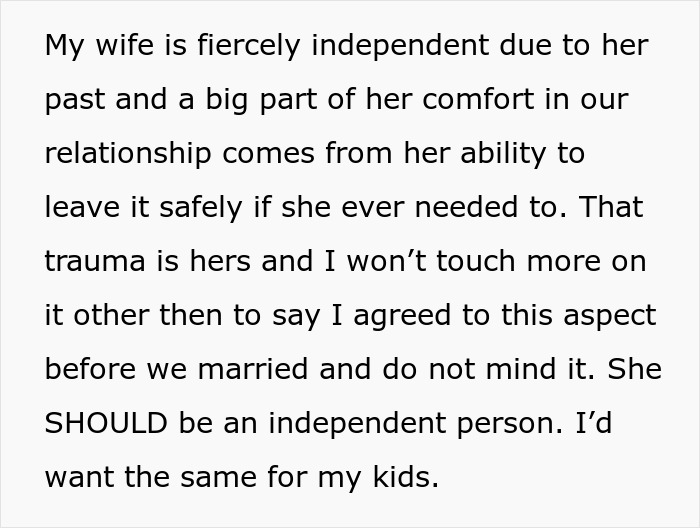 Text excerpt on a white background about wife&rsquo;s independence and her comfort in the relationship due to her past and ability to leave safely.