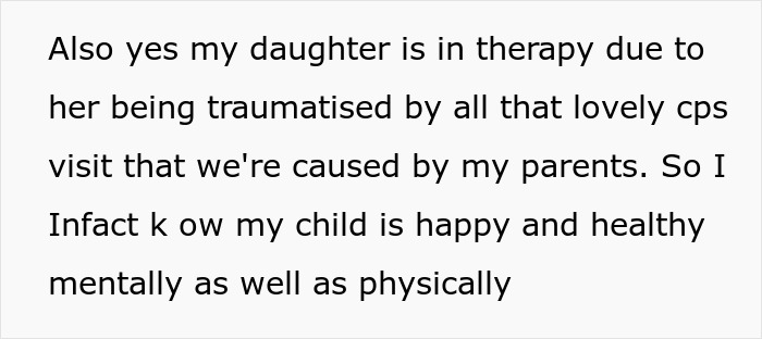 Text message discussing daughter's therapy and her mental and physical health after trauma caused by parents and CPS visits.