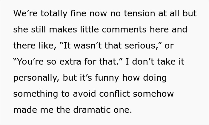 Text discussing a woman purchasing a mini fridge after leftover pasta theft, with a friend calling her too dramatic.