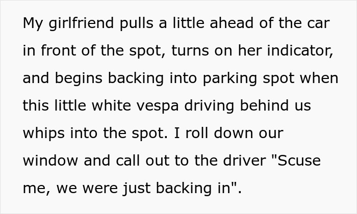 Woman steals couple's parking spot as they back in, sparking conflict and clever revenge instead of a peaceful resolution.