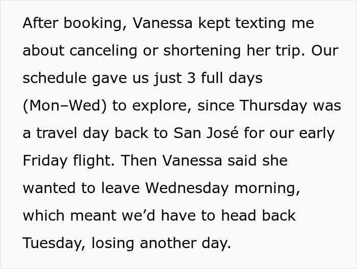 Text excerpt showing a woman texting about changing travel plans, highlighting travel needs and friends' flexibility.