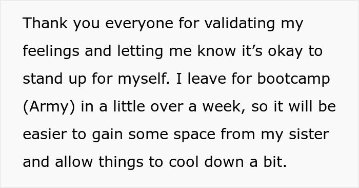 Text expressing gratitude for support in standing up to sister who hijacked road trip and expects babysitting before army bootcamp. Text expressing gratitude for support in standing up to sister who hijacked road trip and expects babysitting before army bootcamp.