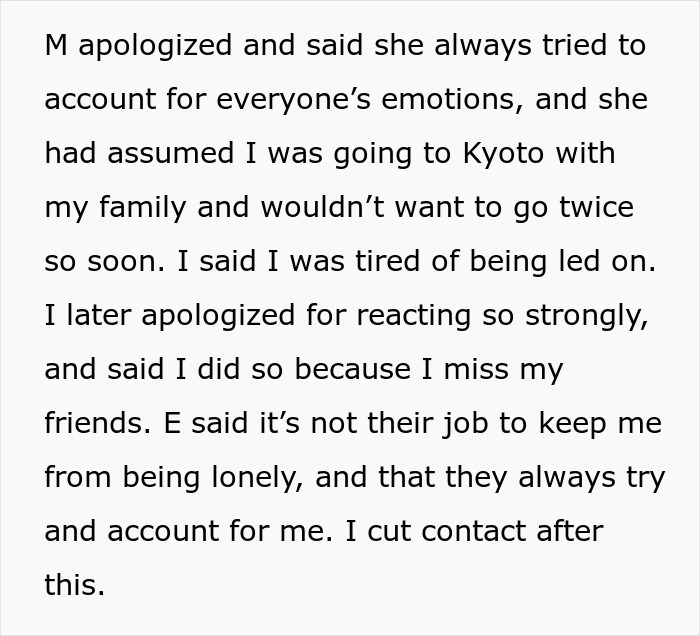 Text excerpt describing a woman feeling excluded by friends during trips, expressing frustration about friendship neglect. Text excerpt describing a woman feeling excluded by friends during trips, expressing frustration about friendship neglect.