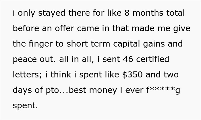 Text excerpt describing a man&rsquo;s experience sending 46 certified letters as follow ups fighting petty HOA issues.