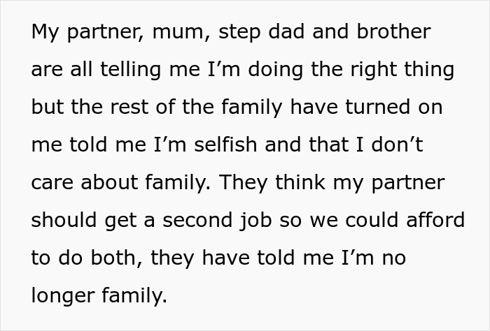 Text message discussing family conflict over $33k demand and being told she&rsquo;s no longer family amid financial stress.