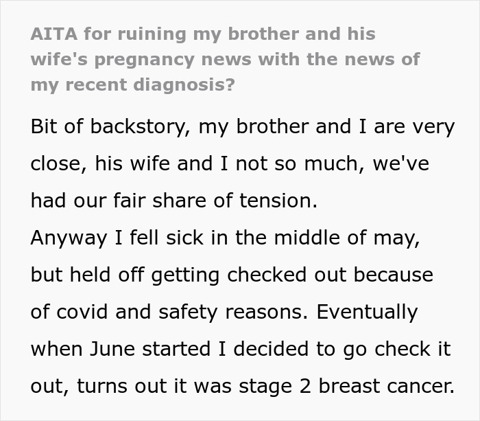 Woman seeking support from family after devastating breast cancer news faces drama from sister-in-law feeling outshined