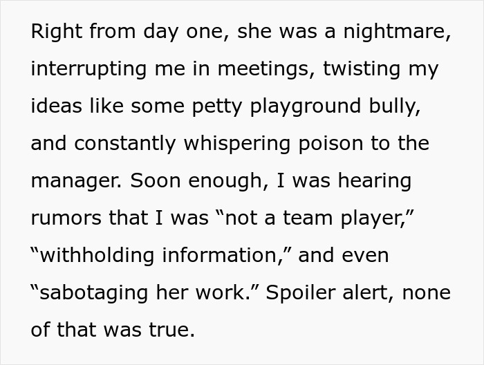 Text excerpt describing a toxic newbie spreading lies and causing workplace conflict with a colleague and manager.