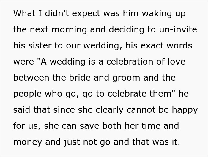 Text about fianc&eacute; deciding to un-invite his sister from the wedding, citing happiness and celebration reasons.