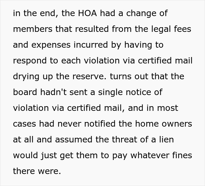 Text excerpt discussing HOA legal fees and fines due to lack of certified mail notices when dealing with violations.