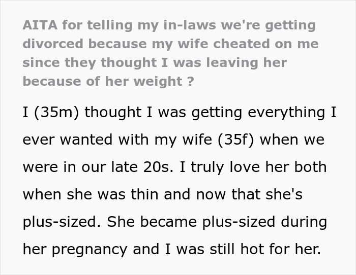 Text excerpt about in-laws assuming divorce related to wife's weight, revealing the truth behind the misunderstanding.