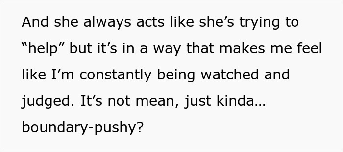 Text about a mom feeling watched and judged, describing her MIL's boundary-pushy behavior and disabling baby cam access.
