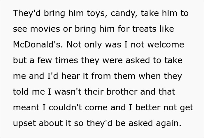 Text describing experiences of being rejected by stepsiblings, feeling unwelcome, and dealing with exclusion.