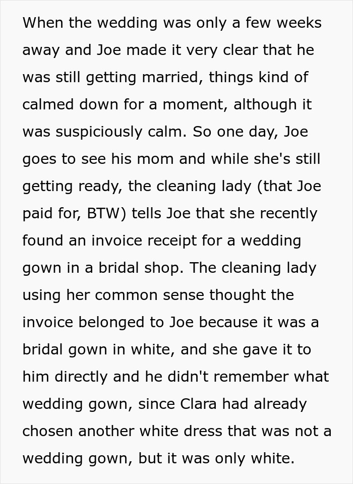 Text excerpt about a wedding gown invoice misunderstanding involving a mother-in-law and the upcoming wedding plans.