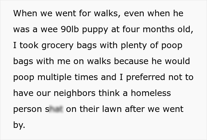 Text excerpt about dog owner&rsquo;s petty revenge and responsible pet waste cleanup during walks with an entitled dog owner.