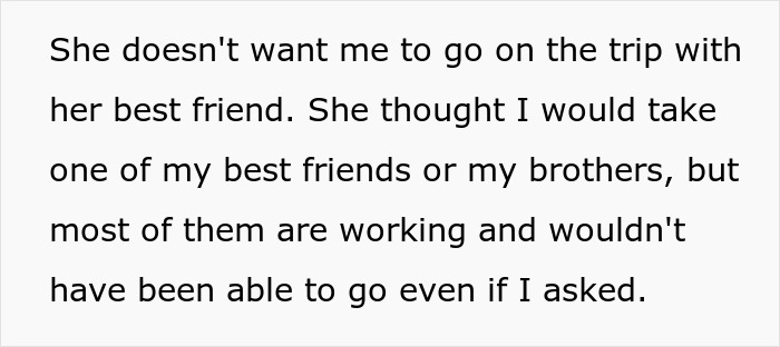 Text about girlfriend canceling dream vacation due to work with boyfriend, discussing inviting best friend instead.